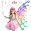 maysida Costume da principessa con ali di fata elettrica per ragazze,ali di farfalla in movimento con luci LED&musica, costume da principessa con corona/bacchetta/braccialetti e collane/giocattolo per bambini