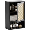 HITNET Armadietto Bagno da Parete, Mobiletto Sospeso in Rattano, Pensile Bagno Salvaspazio sopra la toilette con 1 Ante e Ripiani Regolabili, Nero‌