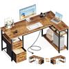 Coleshome Scrivania Angolare con Cassetti, 140 x 80 cm Scrivania Salvaspazio, Scrivania per Computer con Presa di Corrente e Porta di Ricarica USB, Marrone