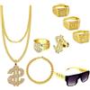 Achbeah 8 pezzi costume da magnaccia anni '80 anni '90, accessorio stile retrò, costume hip hop, collana in oro, collana da dollaro, occhiali da sole, anelli hanzi, ideale per carnevale, feste a tema