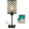 GyroVu Lampada da Tavolo in Cristallo, Lampada da Comodino Nera con Porte USB C+A, Lampada a Tocchi Dimmerabile a 3 Vie per Comodino per Camera da Letto, Soggiorno, Ufficio (Lampadina Inclusa)