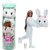Barbie - Cutie Reveal Dolci Fiocchi, bambola con costume da coniglietto di peluche, 10 accessori e sorprese cambia colore e un mini cucciolo incluso, 3+ anni, JJP65