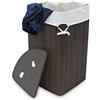Relaxdays Cesta Porta-Biancheria Angolare in Bambù, 60 l, Pieghevole, con Coperchio, Sacco, 65,5x49,5x37 cm, Nero
