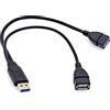 JZK 30CM 2 Porte cavo Y di prolunga splitter USB A adattatore USB maschio a 3.0 e 2.0 A femmina, cavo di alimentazione doppia porta di ricarica per auto, di trasferimento dati per laptop