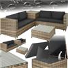 tectake® Salottino in Rattan, 2 Divani per esterno con Cuscini, 1 Tavolo con Piano in Vetro, 1 Contenitore di Custodia, Salotto da Giardino Esterno, Salottino da Esterno - Naturale/Grigio