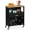 Relaxdays Carrello da Cucina, Isola a Ruote con Cassetto e Posto 6 Bottiglie, 2 Scomparti, 80x65x35 cm, bambù, MDF, Nero