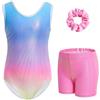 Gogokids Completo da ginnastica bambina composto da tre pezzi, body senza maniche, pantaloncini e fascia capelli, tuta danza classica scintillante, con design a colori sfumati, dai 3 ai 12 anni, rosa