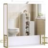 VASAGLE Armadietto da Bagno con Specchio e 3 Ante, Mobile a Parete, Cestino, Porta Asciugacapelli, Capiente, Mobiletto Bagno da Muro, Bianco Nuvola e Oro Verde Chiaro BBK124A10