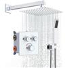 Rainsworth Set Doccia Incasso con termostato 38℃ Cromo, flusso d'acqua regolabile, Sistema Doccia Completo con Miscelatore, Soffione Doccia a Pioggia 25 * 25cm, Miscelatore da incasso in ottone