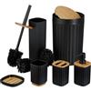 Relaxdays Set Bagno 6 Accessori, Cestino, Scopino WC, Portasapone, Saponetta, Portaspazzolino, Plastica e bambù, Nero