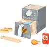 goki 51430 - Friggitrice ad aria calda giocattolo in legno, set da 16 pezzi con pinza in legno, carne, pesce, bacchette di pesce, patatine fritte, ketchup - accessori per mansshop e cucina giochi