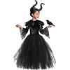 GTJEOI Malefica Costume Bambina, Malefica Costume da Regina per Bambine, Vestito Malefica Bambina,Abito da Regina Cattiva con Copricapo Corna,Ali,Coprispalle di Piume,Maniche in Pizzo e Corvo Finto Carnevale