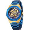 BOLYTE Orologio da uomo automatico meccanico scheletro, cassa ottagonale, cinturino in acciaio inossidabile, design a cuore aperto, scelta di colori per abiti casual e formali, blu dorato, Moderno