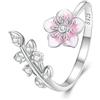 IMINI Anello regolabile IMINI a foglia di ciliegio in argento Sterling S925 - Gioielli ipoallergenici con cristallo CZ rosa a forma di fiore per donne e ragazze, anelli per promessa e fidanzamento, taglia