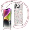 Kueqeay Custodia con Cordino per iPhone 14/iPhone 13 6,1, Trasparente Aesthetic Modello Fiore Nero Disegni Cover con Collana Antiurto Case Regolabile Cellulare Girocollo per Femmina, 02