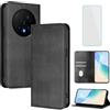 OUEAYIEN Cover per Honor Magic8 Pro Custodia a Libro con Vetro Temperato Blocco RFID Antiurto Pelle Portafoglio Porta Carte Supporto Vintage Flip Custodia per Honor Magic 8 Pro 8Pro Magic8Pro Nero