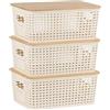 Relaxdays Set 3 contenitori in plastica e bambù con Coperchio, Maniglie, 10,5x25,5x18 cm, Bianco