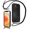 Kueqeay Cover con Cordino per iPhone 11 6,1", Aesthetic Leopardata Motivo Nero Custodia con Laccio Tracolla Cordoncino Morbida TPU Silicone AntiGraffio Antiurto Bumper Protettiva Case, 01