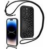 Kueqeay Cover con Cordino per iPhone 15 Pro 6,1", Aesthetic Leopardata Motivo Nero Custodia con Laccio Tracolla Cordoncino Morbida TPU Silicone AntiGraffio Antiurto Bumper Protettiva Case, 01