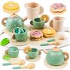 Puasok Set da Tè in Legno per Bambini - 14pcs Accessori Cucina Giocattolo con Accessori - Set da tè Pomeridiano, Servizio da tè di Ruolo, Regalo per Feste, Regali di Compleanno
