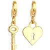 Nenalina Ciondolo a forma di chiave e serratura, in argento 925 placcato oro, per donna, ciondolo in oro con elemento a cuore, adatto a tutti i braccialetti più comuni