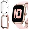 KUSINHOKA Cover per Amazfit GTS 4, [2 Pezzi] Custodia Protezione in Vetro Temperato Integrata, Schermo Protettiva Ultra Sottile HD Clear PC Rigida Cover, Rosa + Trasparente