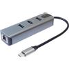PREMIUMCORD Adattatore da USB-C a Gigabit RJ45 + 3x USB A, Ethernet RJ45 10/100/1000Mbps, SuperSpeed 3.2 Gen1 5 Gbit/s, Per PC, Laptop, Tastiere, Mouse, SSD, Alloggiamento In Metallo, 15 cm