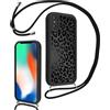 Kueqeay Cover con Cordino per iPhone X/XS 5,8", Aesthetic Leopardata Motivo Nero Custodia con Laccio Tracolla Cordoncino Morbida TPU Silicone AntiGraffio Antiurto Bumper Protettiva Case, 01