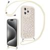 Kueqeay Cover con Cordino per iPhone 15 Pro 6,1", Aesthetic Leopardata Motivo Bianco Custodia con Laccio Tracolla Cordoncino Morbida TPU Silicone AntiGraffio Antiurto Bumper Protettiva Case, 02