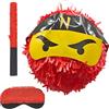 Relaxdays Piñata Ninja Rossa con Bastone e Maschera, 25 cm, Perfetta per Feste di Bambini e Compleanni