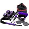 BONDAGERIE® Kit per coppie di 8 Accessori viola e nero, Manette Frustino collare corda sacco in raso incluso