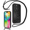 Kueqeay Cover con Cordino per iPhone 16 Pro 6,3", Aesthetic Leopardata Motivo Nero Custodia con Laccio Tracolla Cordoncino Morbida TPU Silicone AntiGraffio Antiurto Bumper Protettiva Case, 01