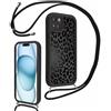 Kueqeay Cover con Cordino per iPhone 15 6,1", Aesthetic Leopardata Motivo Nero Custodia con Laccio Tracolla Cordoncino Morbida TPU Silicone AntiGraffio Antiurto Bumper Protettiva Case, 01