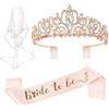 QIFU Bride To Be - Fascetta e velo, accessori da donna, per addio al celibato, decorazione da sposa Jga in oro rosa, per feste di addio al nubilato, 3 pezzi