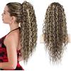 Flufymooz Ponytail Extension 66 cm Bohemian Style Drawstring Ponytail Hair Extensions per donne Curly Wavy Pony Tail capelli sintetici naturali (Cool Brown con riflessi biondi)