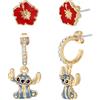 Disney Set Orecchini a Cerchio Disney Lilo e Stitch - Orecchini Pendenti in Ottone con Fiori di Ibisco Smaltati e Cuciture - Licenza ufficiale