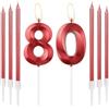 mciskin Candele rosse per 80° compleanno - Design 3D numero 80 candela per torta con set di 6 candele lunghe/sottili, decorazione rossa per torta per 80° compleanno donna, forniture decorazioni 80°