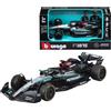 Burago Bburago Formula 1 Mercedes AMG Petronas F1 W15 Team (2024): modellino auto in scala 1:43, da autista #63 George Russell, Window Box, 12,5 cm, nero argento (18-38208R)