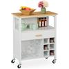 Relaxdays Carrello da Cucina, Isola Ruote con Cassetto e Posto 6 Bottiglie, 2 Scomparti, 80x65x35 cm, bambù, MDF, Bianco