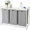 Relaxdays Portabiancheria con 3 Sacchi, 150L, ripiano Effetto Legno, 73.5x109.5x33 cm, Grigio/Bianco