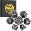 DND DADO Set di Dadi in Metallo D&D, 7 pezzi di Dadi Poliedrici in Metallo, Accessori per Giochi di Ruolo e da Tavolo, Regali DND con Scatola Regalo, D20, D12, 2 D10 (00-90 e 0-9), D8, D6 e D4, Argento Scuro
