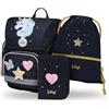 Baagl Set di 3 zaini per la scuola Ergo per la prima classe, zaino ergonomico per la scuola elementare con cintura toracica, Unicorn Gold, Set per la scuola