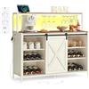 VASAGLE Mobile Bar da Caffè con Multipresa, LED a Comando Vocale, Credenza con Anta Scorrevole, Ganci a S, Portacalici da Vino, Portabottiglie, Bianco Rustico e Marrone Miele LSC201WJ02