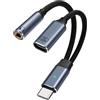 leizhan Splitter USBC a 2 porte, Adattatore Caricatore USB-C PD 100W Ricarica Rapida + Adattatore Jack Cuffie da 3,5 mm, Compatibile con Smartphone, Tablet e Altri Dispositivi TypeC - Nero