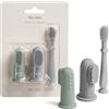 Moonkie Set per la pulizia orale del bambino con spazzolini da dito e pulisci-lingua, per 3 mesi+, 3 pezzi (Blu/Menta/Blu)