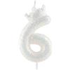 Zi Lan Candela di compleanno con corona bianca glitterata, 6. Candela di compleanno bianca scintillante con numero per decorazioni per torte per ragazze, feste a tema, anniversario di matrimonio