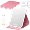 NXPZ Specchio da Trucco Illuminato, Specchio Portatile Ricaricabile, Specchio da Viaggio Pieghevole Ultra HD, 3 Colori Luce, Luminosità Regolabile, Funzione Memoria (Rosa, 1)