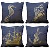 Aoihrraan 41x41cm Confezione da 4 Animali Dell'Oceano Copricuscini Divano Nautico Nave Ancora Mare Cavallo Conchiglia Marina Militare E Oro Quadrata Federe Per Cuscini Lino Per Letto Soggiorno Divano