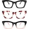 KoKoBin 3 Pack Occhiali da lettura luce anti-blu da donna Oversize Occhiali da computer quadrati di moda (Nero/Nero rosa/Rosa leopardata, 2.5, x)