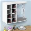 BAKAJI Scaffale Cantinetta Bottiglie Vino Liquori da Parete o Tavolo, Struttura in Legno Cantina con 2 Ripiani 8 Posti Portabottiglie e Rastrelliera Porta Calici in Metallo 42x52x28 cm (Bianco)